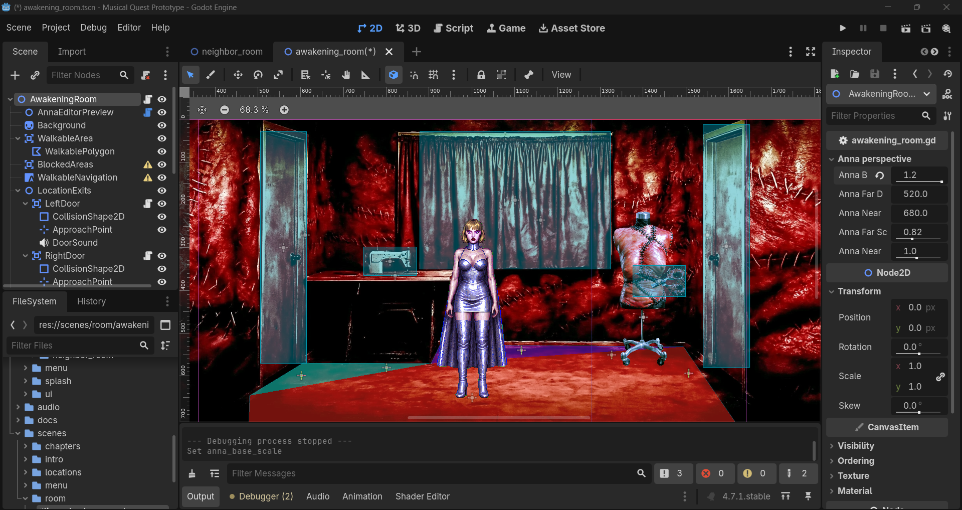 Скриншот 2: игровая сцена с персонажем в комнате, открытая в Godot Engine.
